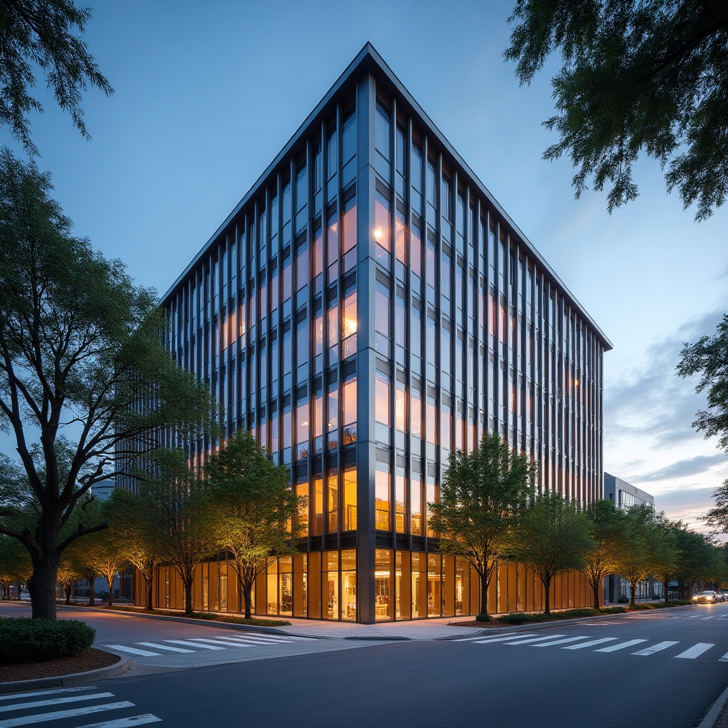 Exterior view of a modern mid-rise office building in Atlanta with glass facade and landscaped entrance, warm afternoon sunlight, urban professional setting with trees lining the sidewalk