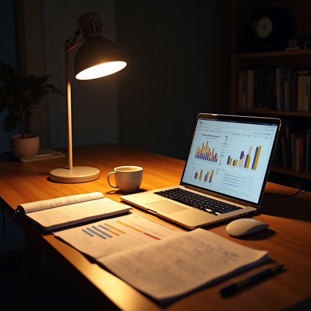 Marketing analyst reviewing content performance data on a laptop with charts and spreadsheets