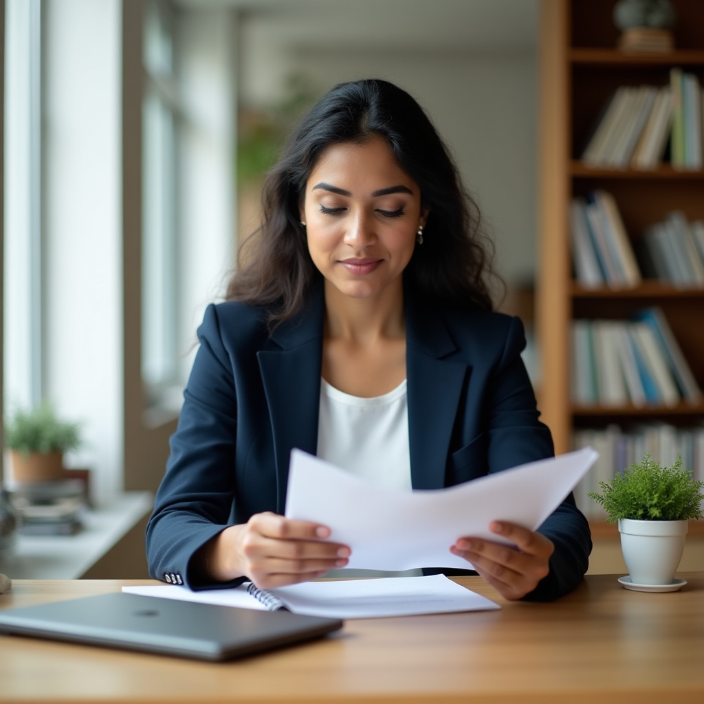 A woman in her mid-thirties of South Asian descent, wearing a navy blazer over a white shirt, reviewing printed research notes with a focused expression at a clean wooden desk with natural window light