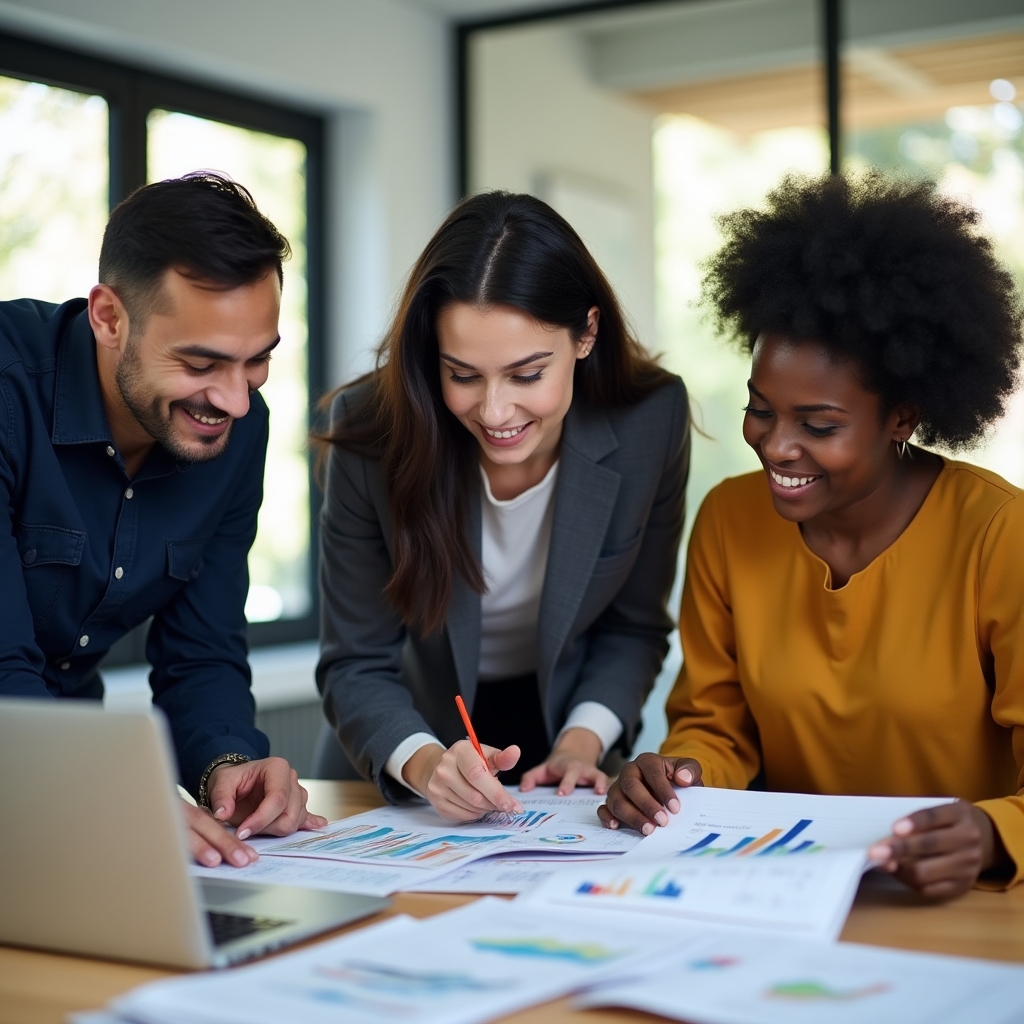Three marketing professionals in their early thirties gathered around a table reviewing printed analytics reports, engaged in focused discussion in a bright conference room
